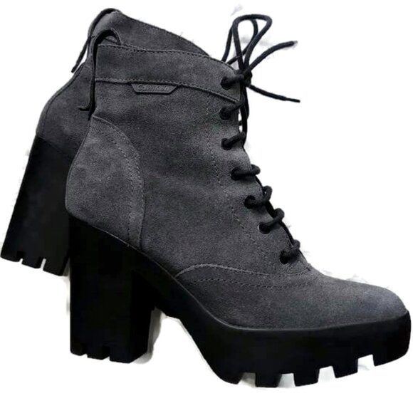 Calvin Klein High Heel Platform Grey Suede Lace Up Boots Size 8
